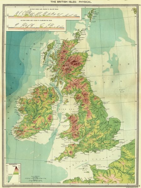 Associate Product UK. The British Isles. Physical 1907 old antique vintage map plan chart