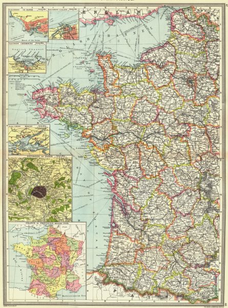 Associate Product WEST FRANCE. Le Havre Calais Cherbourg Brest Paris provinces 1789 1907 old map