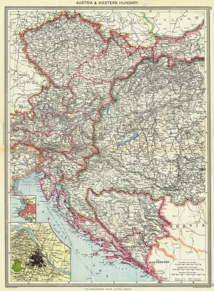 AUSTRIA. & Western Hungary; map of Trieste; Vienna 1907 old antique chart