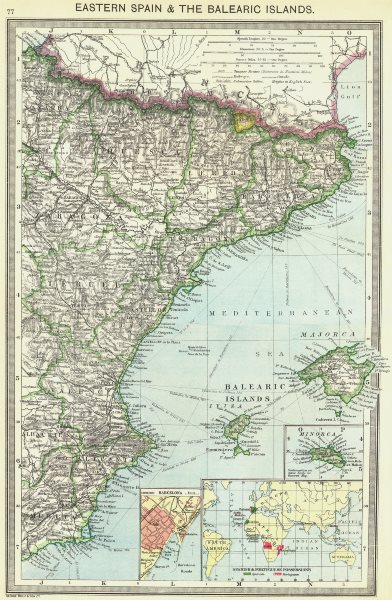 Associate Product SPAIN. Eastern, Balearic Islands; Barcelona; colonies 1907 old antique map