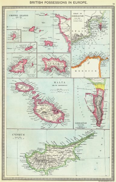 Associate Product BRITISH EUROPEAN POSSESSIONS. Channel islands Gibraltar Malta Cyprus 1907 map