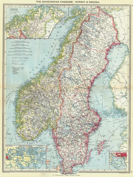 Associate Product SCANDINAVIA. Norway and Sweden; Finmark; Stockholm; Oslo 1907 old antique map