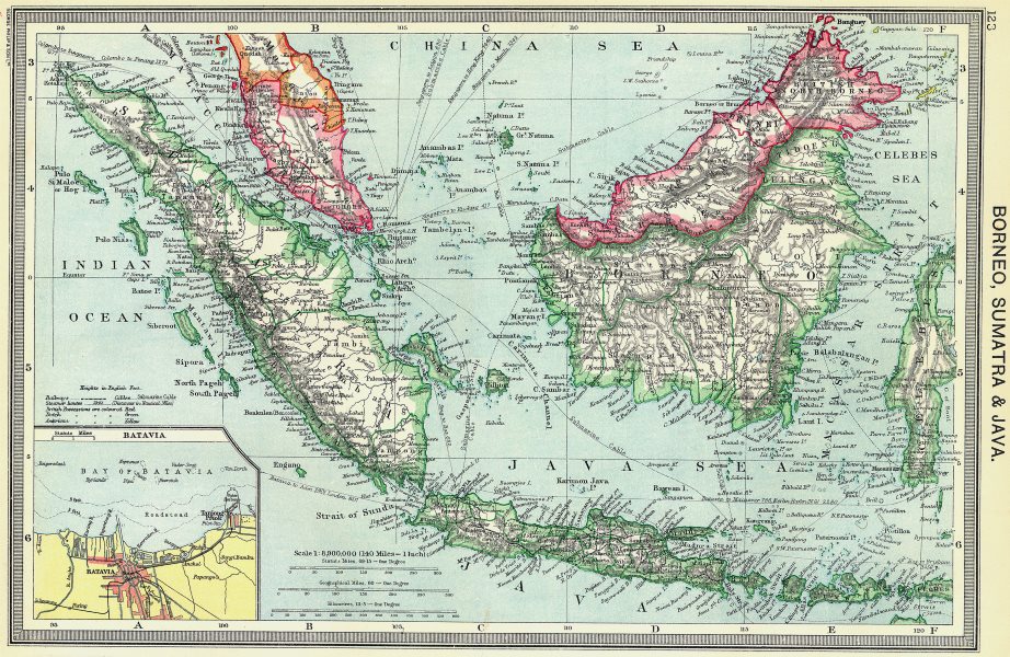 Associate Product INDONESIA. Borneo, Sumatra and Java; Inset map of Jakarta 1907 old antique