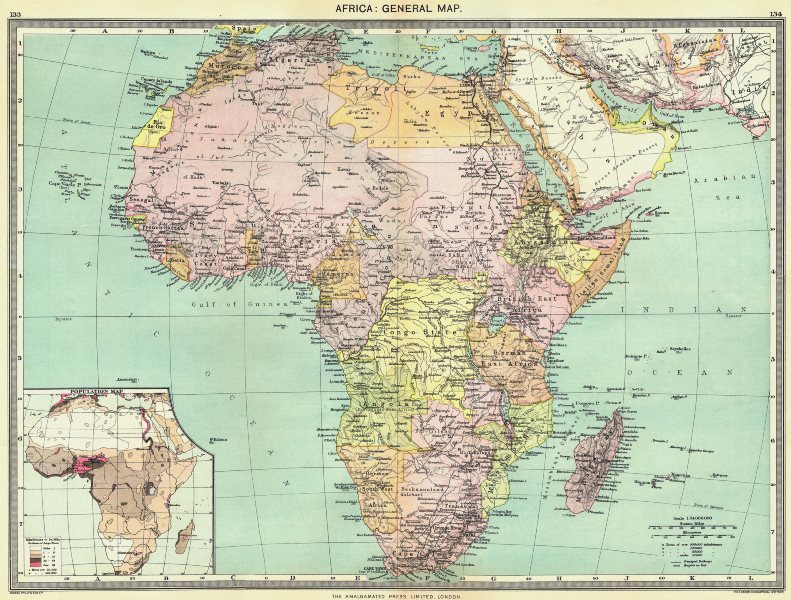 Associate Product AFRICA. Africa. General Map; Inset map of Population map 1907 old antique