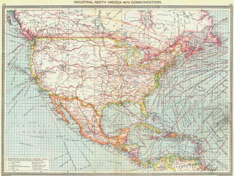 Associate Product NORTH AMERICA. Industrial North America. with Communications 1907 old map