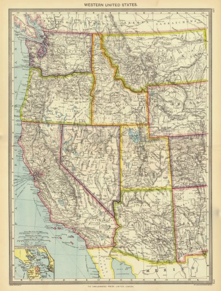 USA. Western United States; Inset map of San Francisco 1907 old antique