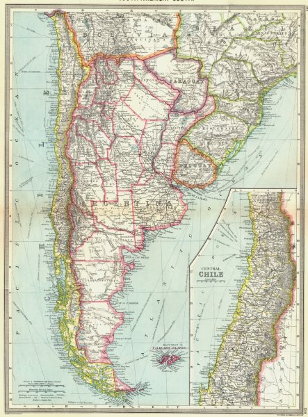 Associate Product SOUTH AMERICA, SOUTH. Argentina Chile 1907 old antique vintage map plan chart