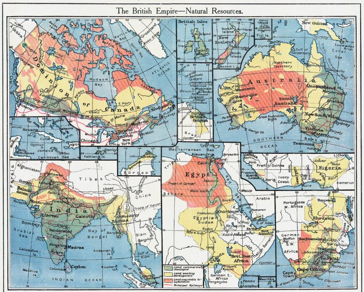 Associate Product BRITISH EMPIRE. Natural Agricultural Resources Australia India Canada 1907 map