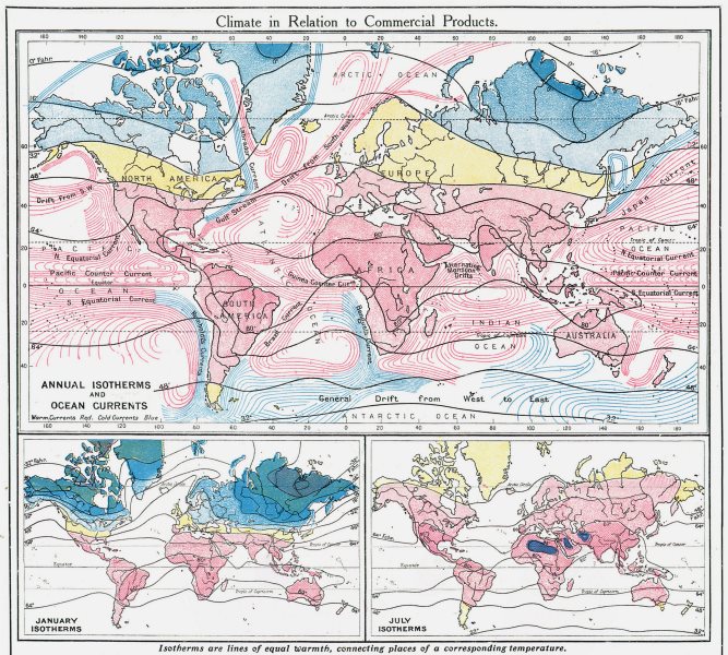 WORLD. Climate commercial products; Isotherms Ocean Currents Jan July 1907 map
