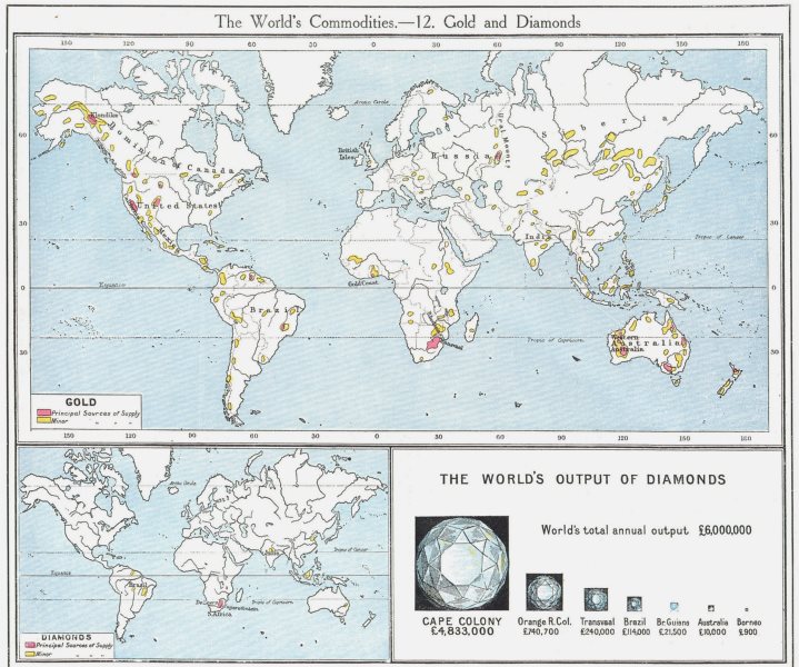Associate Product WORLD. Commodities - Sources of Gold & Diamonds 1907 antique map chart