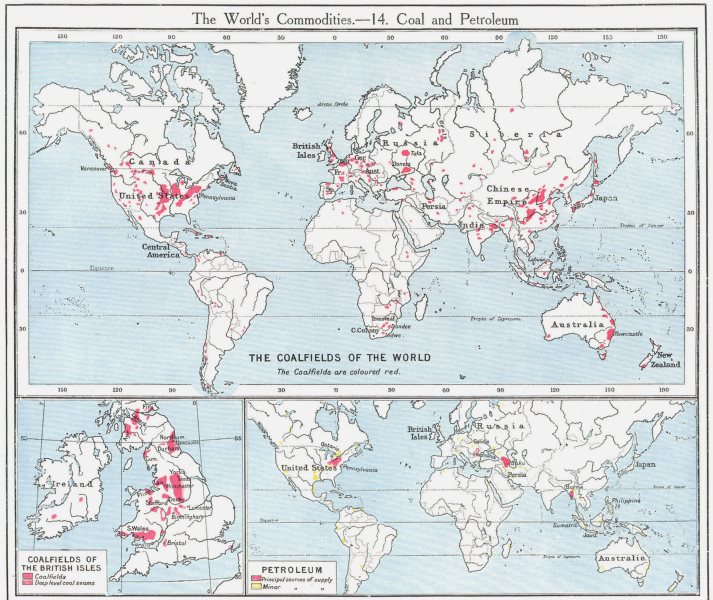 Associate Product WORLD. Commodities - Coalfields & petroleum sources. British Isles 1907 map