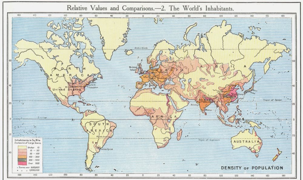 WORLD. Population density. The World's Inhabitants 1907 old antique map