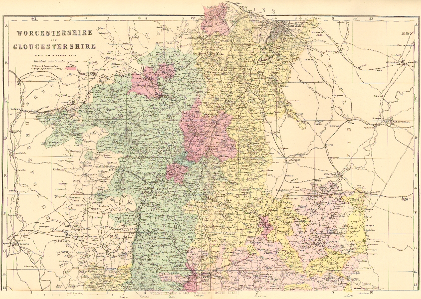 Associate Product WORCESTERSHIRE & GLOUCESTERSHIRE (North). Antique county map by GW BACON 1884