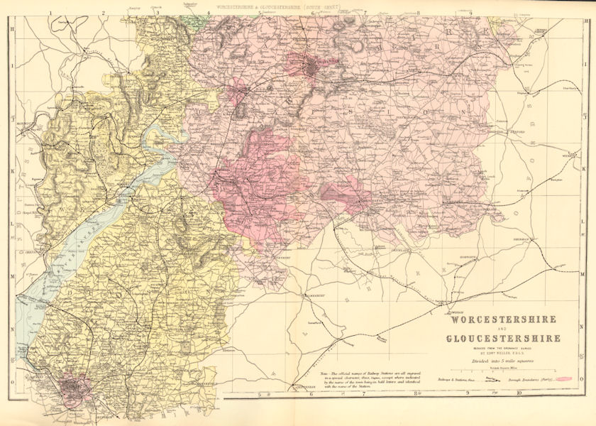 Associate Product WORCESTERSHIRE & GLOUCESTERSHIRE (South). Antique county map by GW BACON 1884