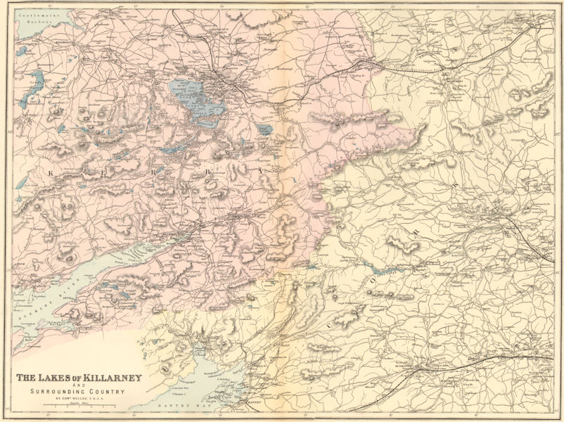 Associate Product KILLARNEY LAKES. Kerry Bantry Kenmare. Ireland. Antique map by GW BACON 1884