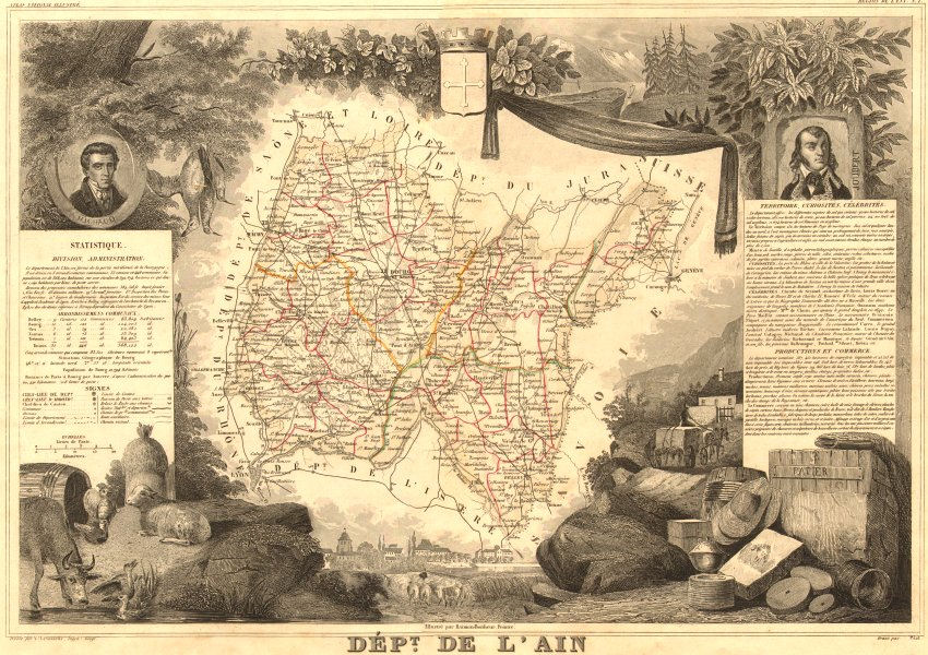 Associate Product Département de l'AIN. Decorative antique map/carte by Victor LEVASSEUR 1852