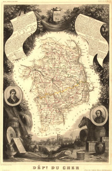 Associate Product Département du CHER. Decorative antique map/carte by Victor LEVASSEUR 1852