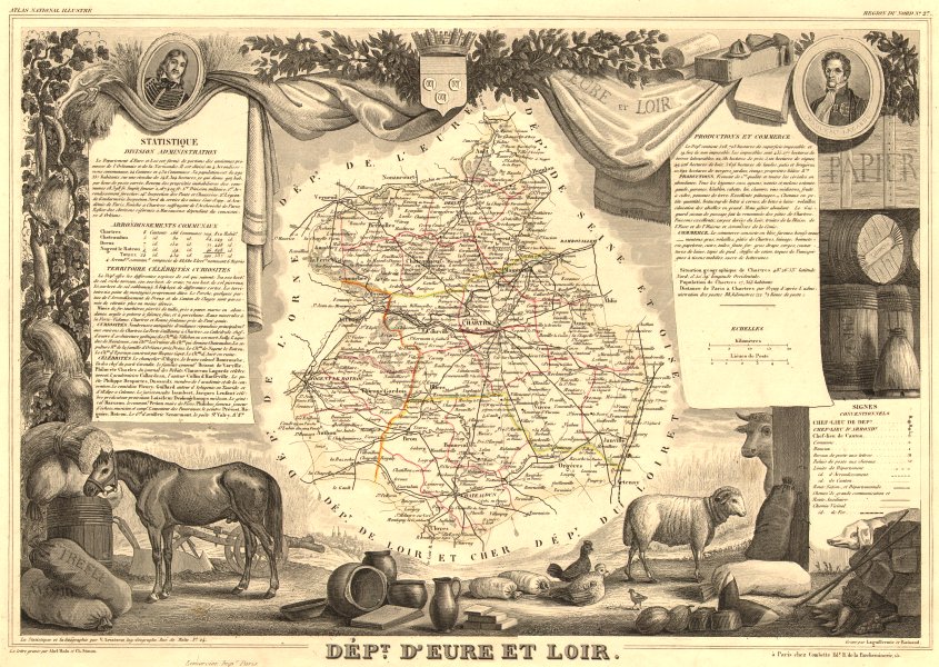 Associate Product Département d'EURE-ET-LOIR. Decorative antique map/carte. LEVASSEUR 1852