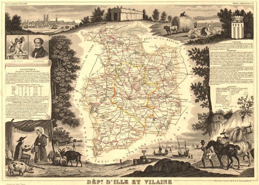Département d'ILLE-ET-VILAINE. Decorative antique map/carte. LEVASSEUR 1852