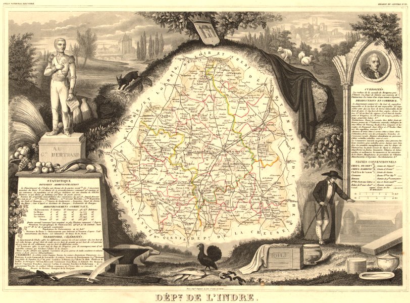 Associate Product Département de l'INDRE. Decorative antique map/carte by Victor LEVASSEUR 1852
