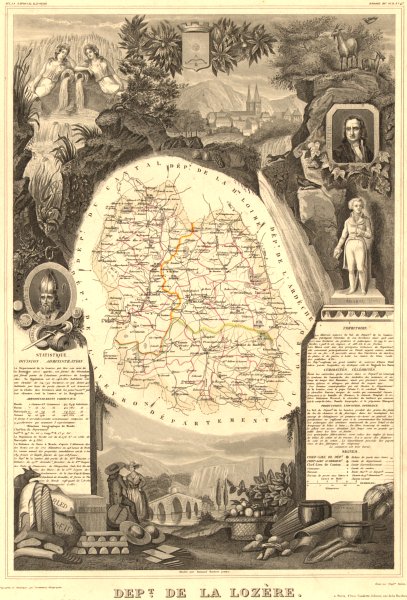 Associate Product Département de la LOZÈRE. Decorative antique map/carte by Victor LEVASSEUR 1852