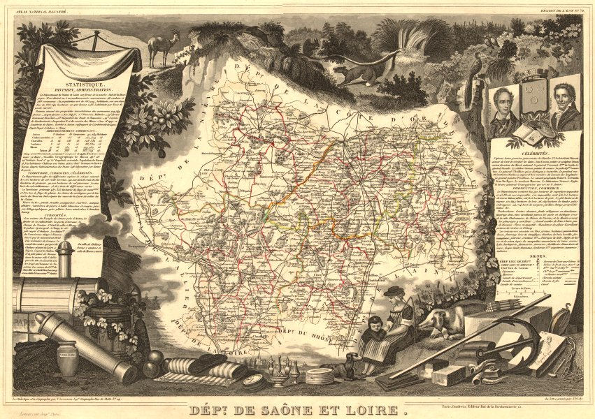 Associate Product Département de SAÔNE-ET-LOIRE. Decorative antique map/carte. LEVASSEUR 1852