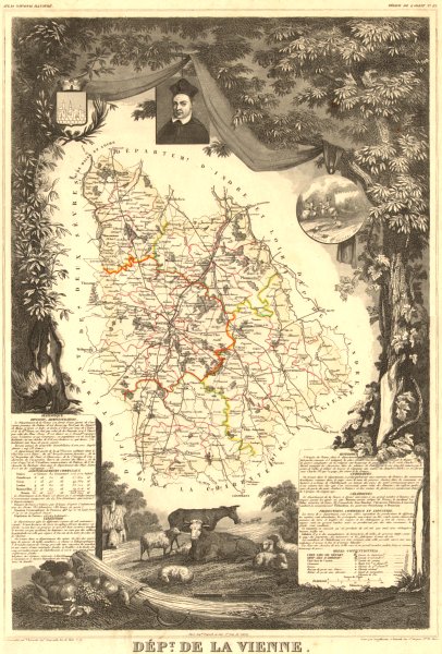 Associate Product Département de la VIENNE. Decorative antique map/carte by Victor LEVASSEUR 1852