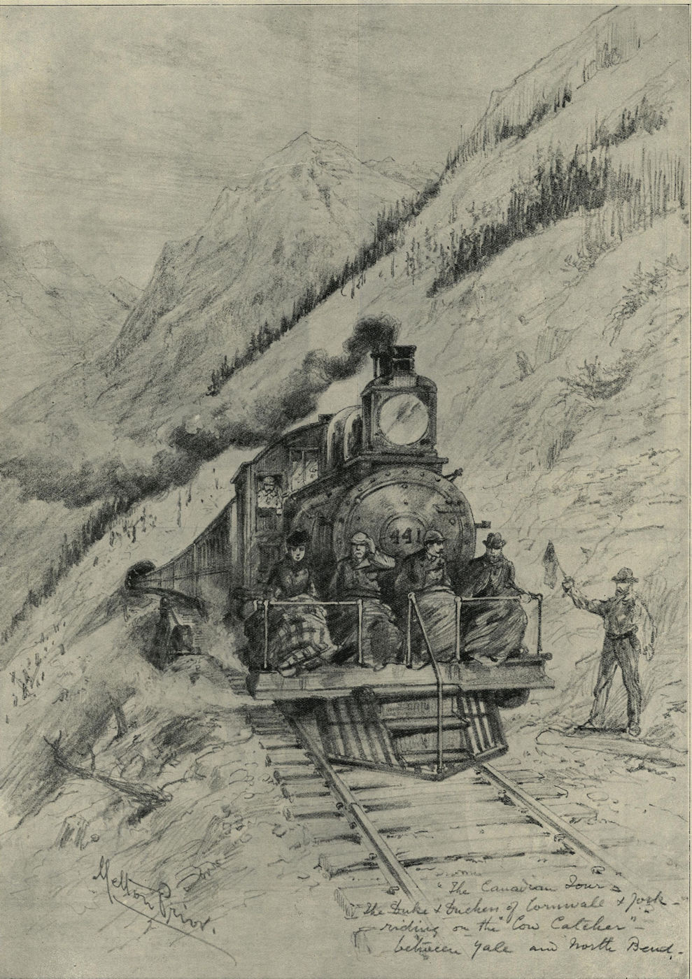 Canadian Pacific Railway: The Duke riding a cow-catcher. Yale to North Bend 1901