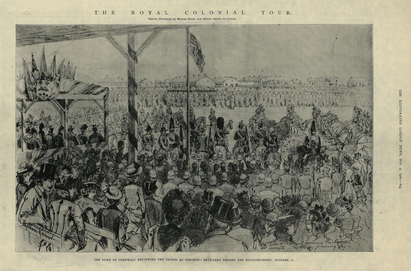 The Duke of Cornwall reviewing the troops at Toronto, Canada. Artillery 1901