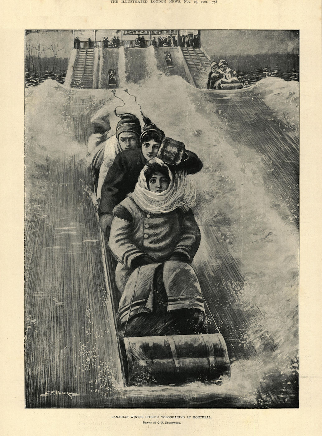 Associate Product Canadian winter sports: tobogganing at Montreal. Quebec 1901 old antique print