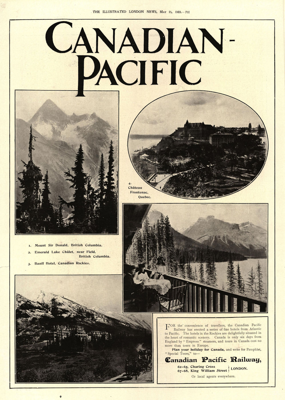 Canadian Pacific Railway advert. Mt Sir Donald British Columbia Field Banff 1909