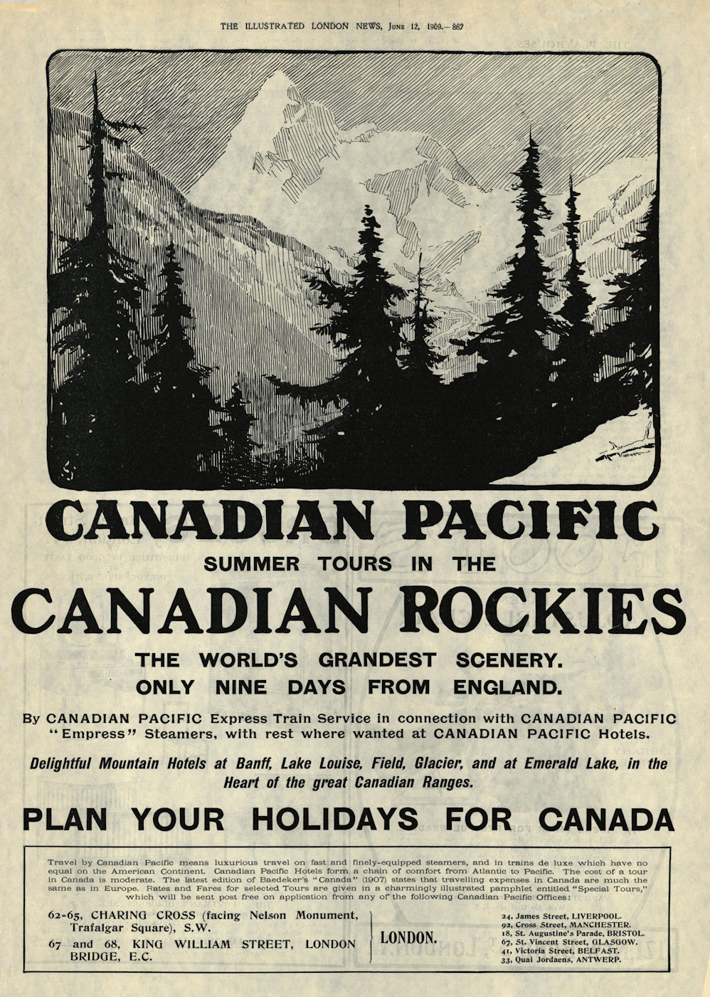 CANADIAN Pacific ADVERT. Rockies summer tours. Only 9 days from England 1909