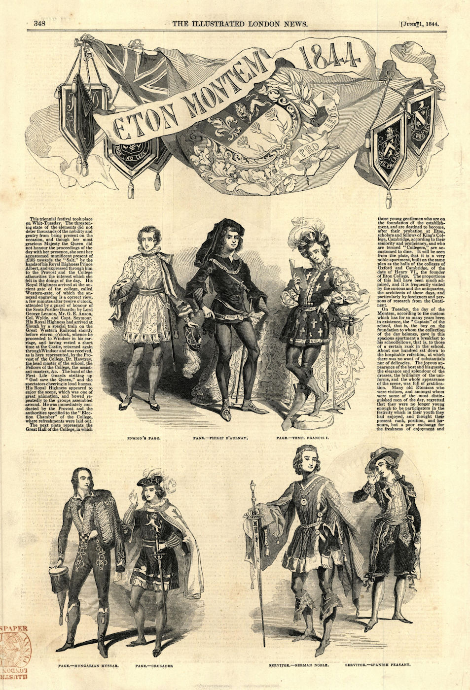 Eton Montem: Ensign's Page Hungarian Hussar Crusader Servitor noble 1844 print