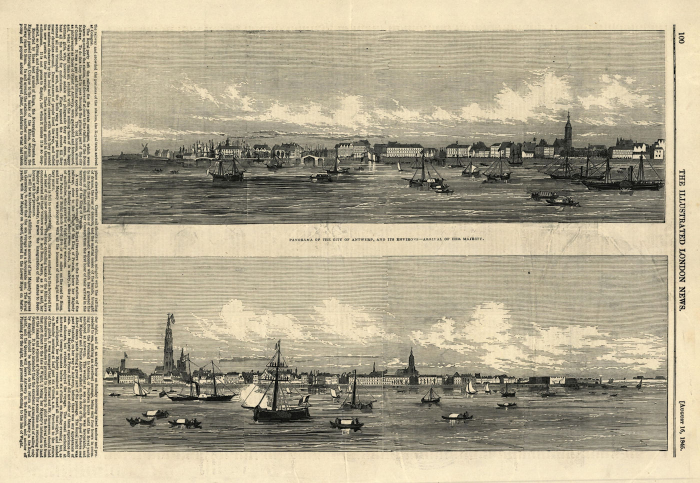 Antwerp panorama from the sea. Arrival of Queen Victoria. Belgium 1845 print