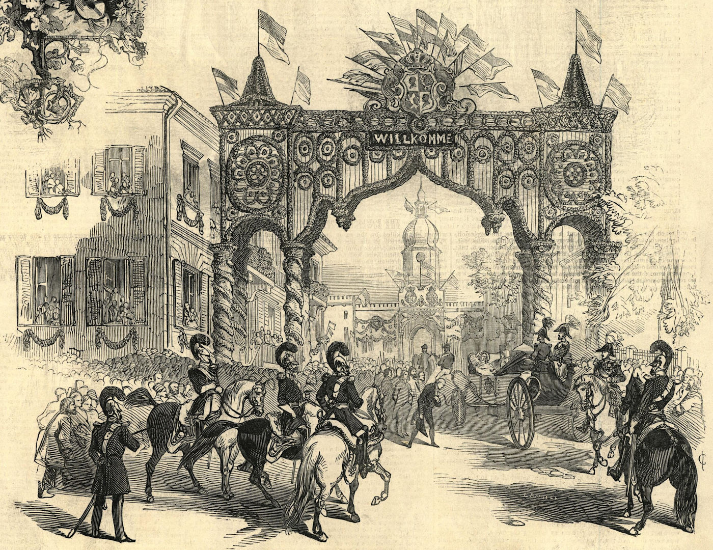 Queen Victoria's entree into Coburg. Bavaria 1845 antique ILN full page print
