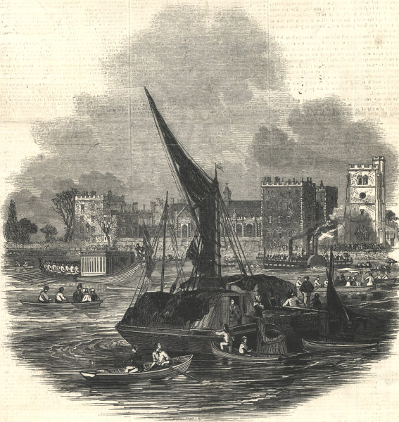 Lord Mayor's Day - the Stationers Company's barge at Lambeth Palace. London 1845
