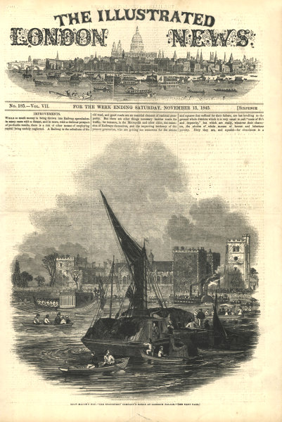Lord Mayor's Day - the Stationers Company's barge at Lambeth Palace. London 1845
