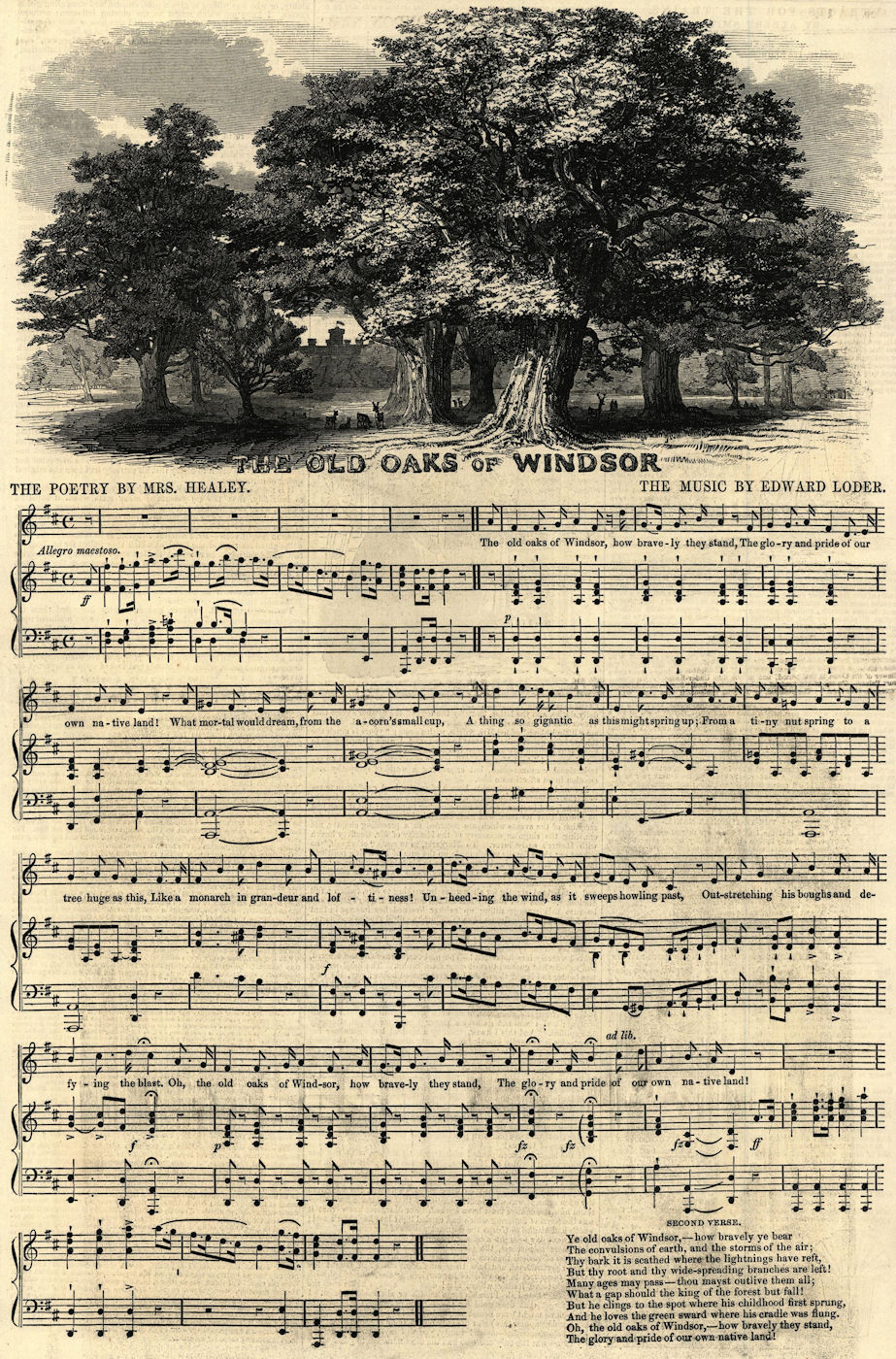 Associate Product The Old Oaks of Windsor. Sheet music. Healey. Edward Loder 1846 ILN full page