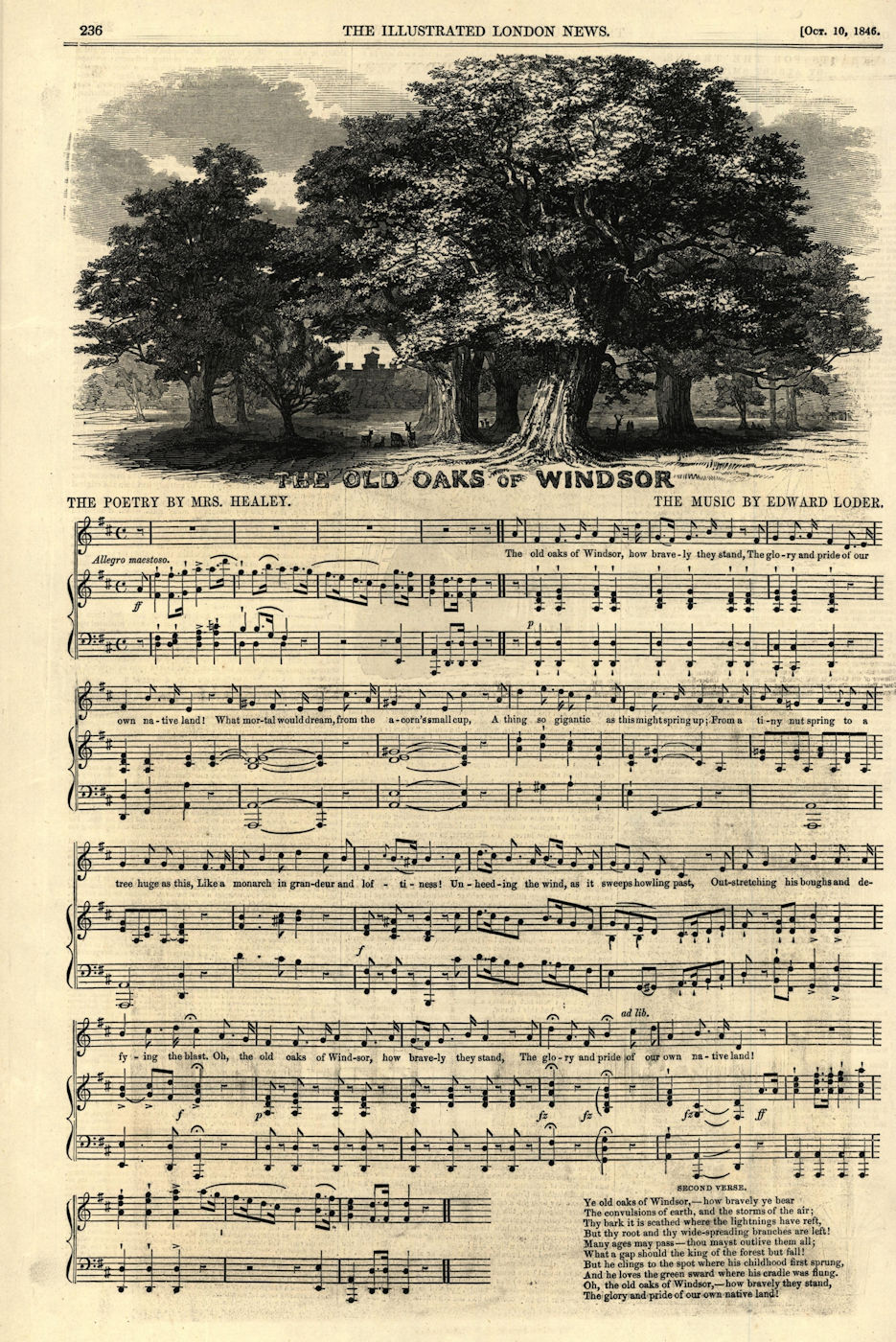 The Old Oaks of Windsor. Sheet music. Healey. Edward Loder 1846 ILN full page