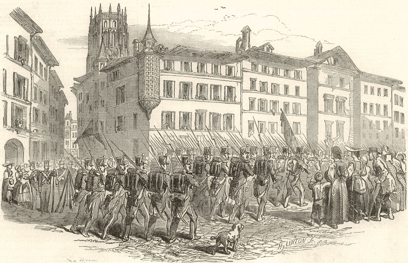 Associate Product Sonderbund War. Switzerland - The Federal troops entering Fribourg 1847