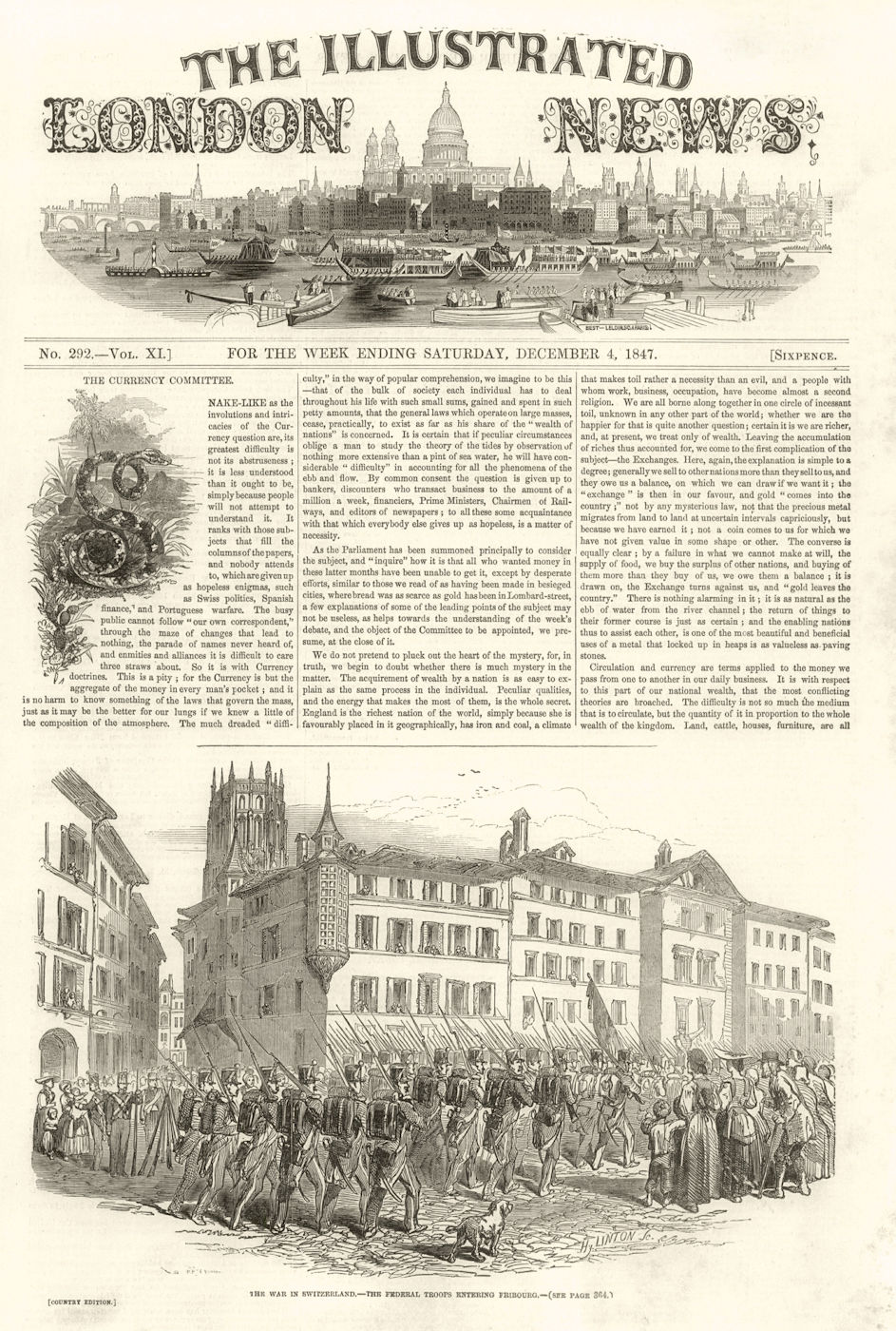 Sonderbund War. Switzerland - The Federal troops entering Fribourg 1847 print