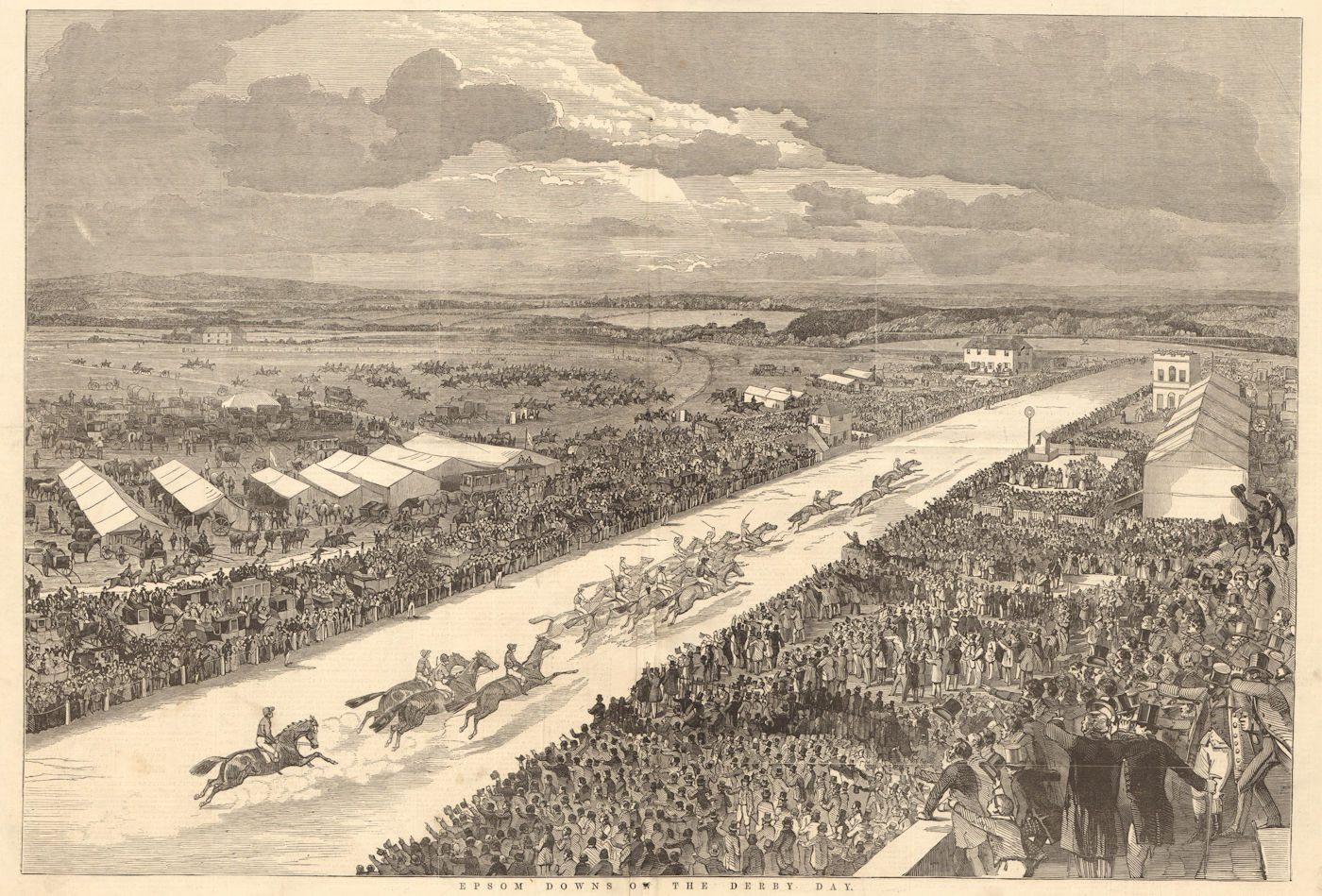 Epsom Downs on the Derby day - drawn by Duncan. Surrey. Racing 1848 old print