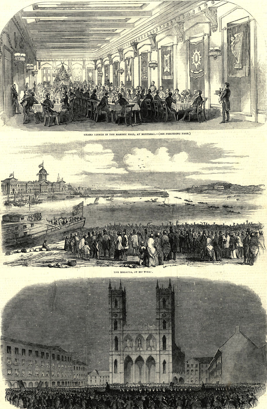 Montreal. Masonic Hall. Regatta. Place d'Armes. Quebec 1850 antique ILN page