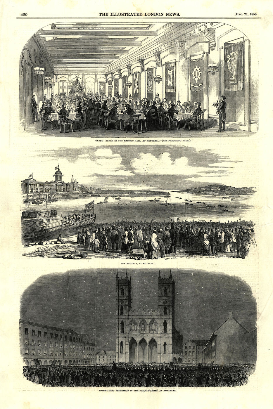 Associate Product Montreal. Masonic Hall. Regatta. Place d'Armes. Quebec 1850 antique ILN page