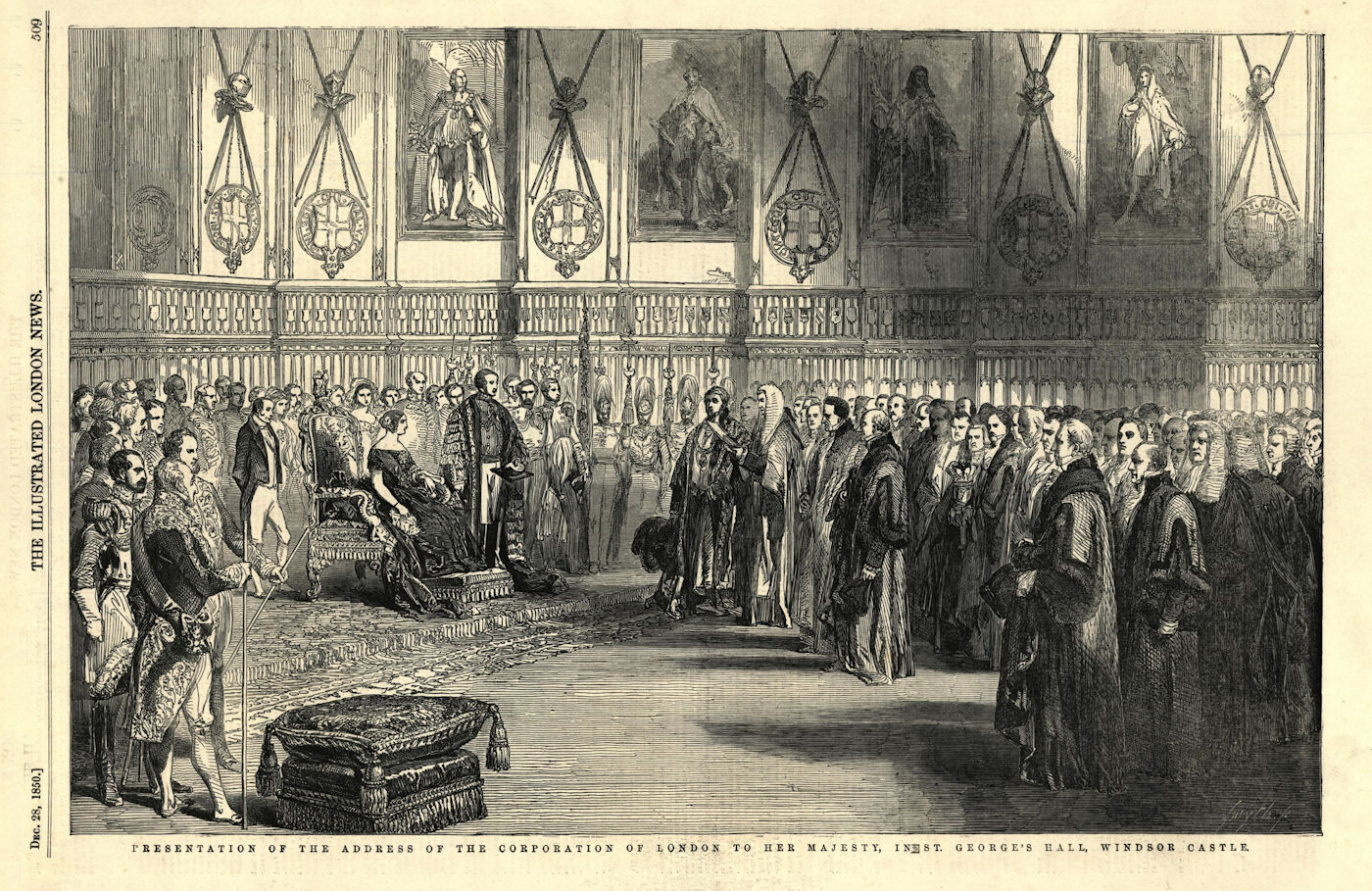 Address to Queen Victoria, in St. George's Hall, Windsor Castle 1850 ILN print