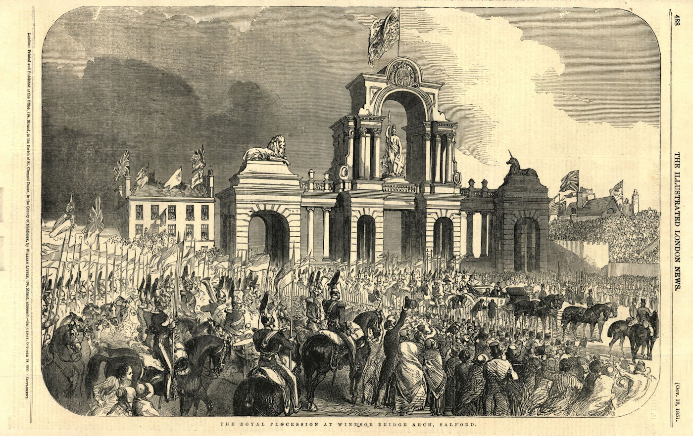 Associate Product The Royal Procession at Windsor Bridge Arch, Salford. Manchester 1851 print