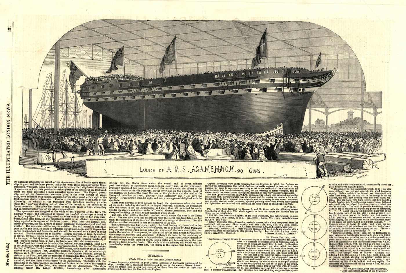 Launch of H. M. S. Agamemnon, 90 Guns. Hampshire. Ships 1852 old antique print