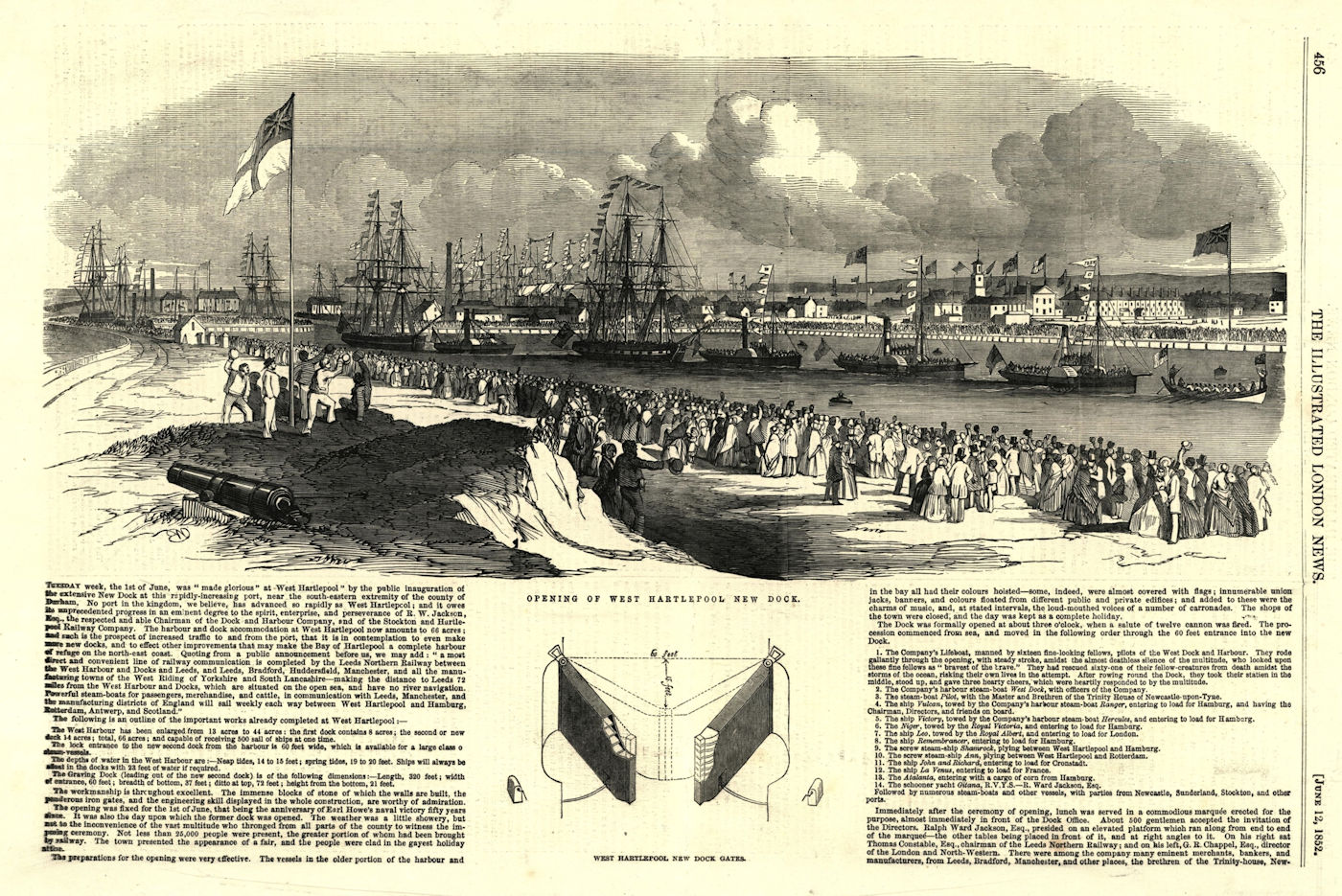 Opening of West Hartlepool new dock. The new dock gates. Durham. Ports 1852