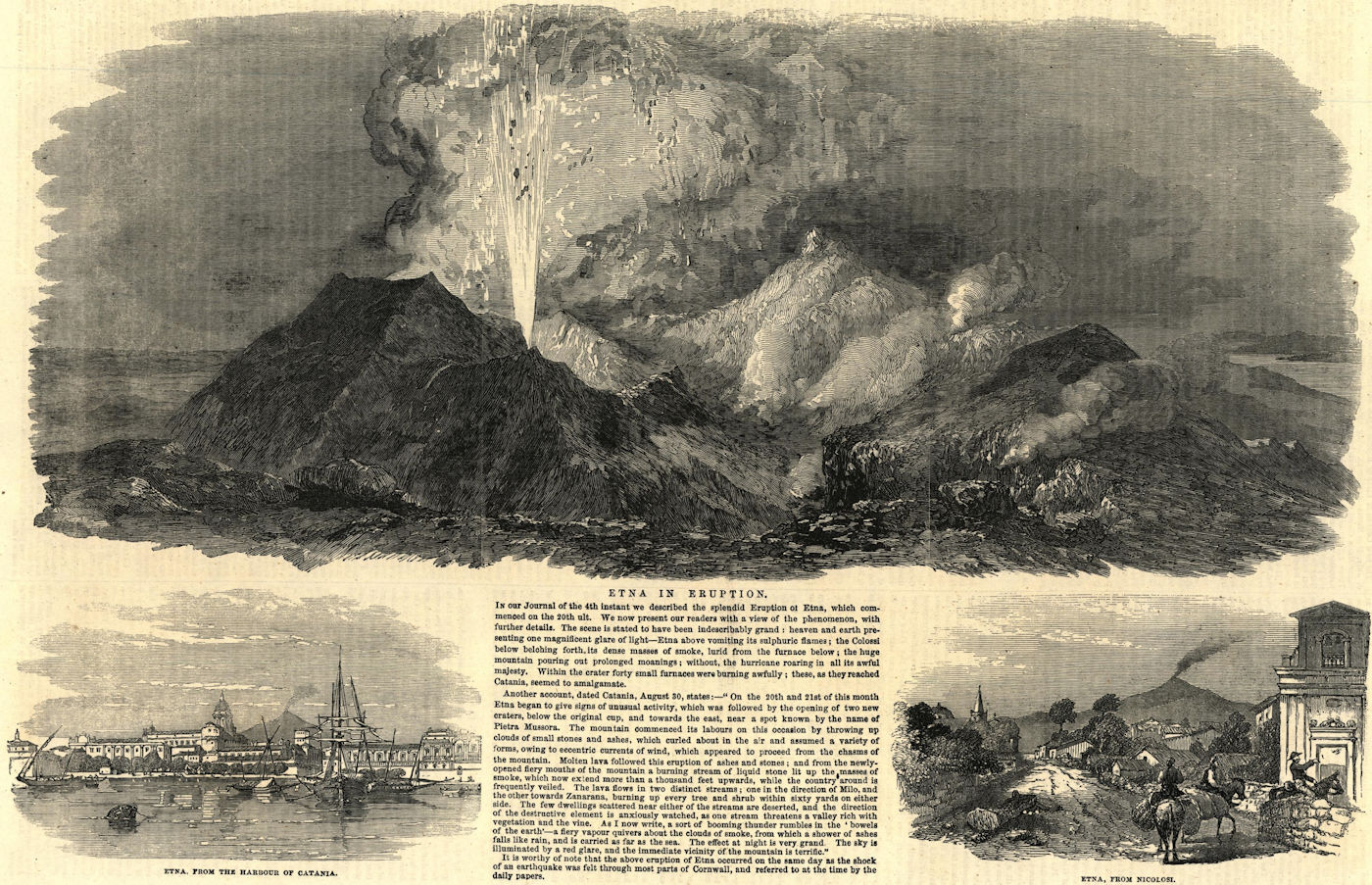 Etna in eruption. Etna, from the Harbour of Catania. Italy. Volcanoes 1852