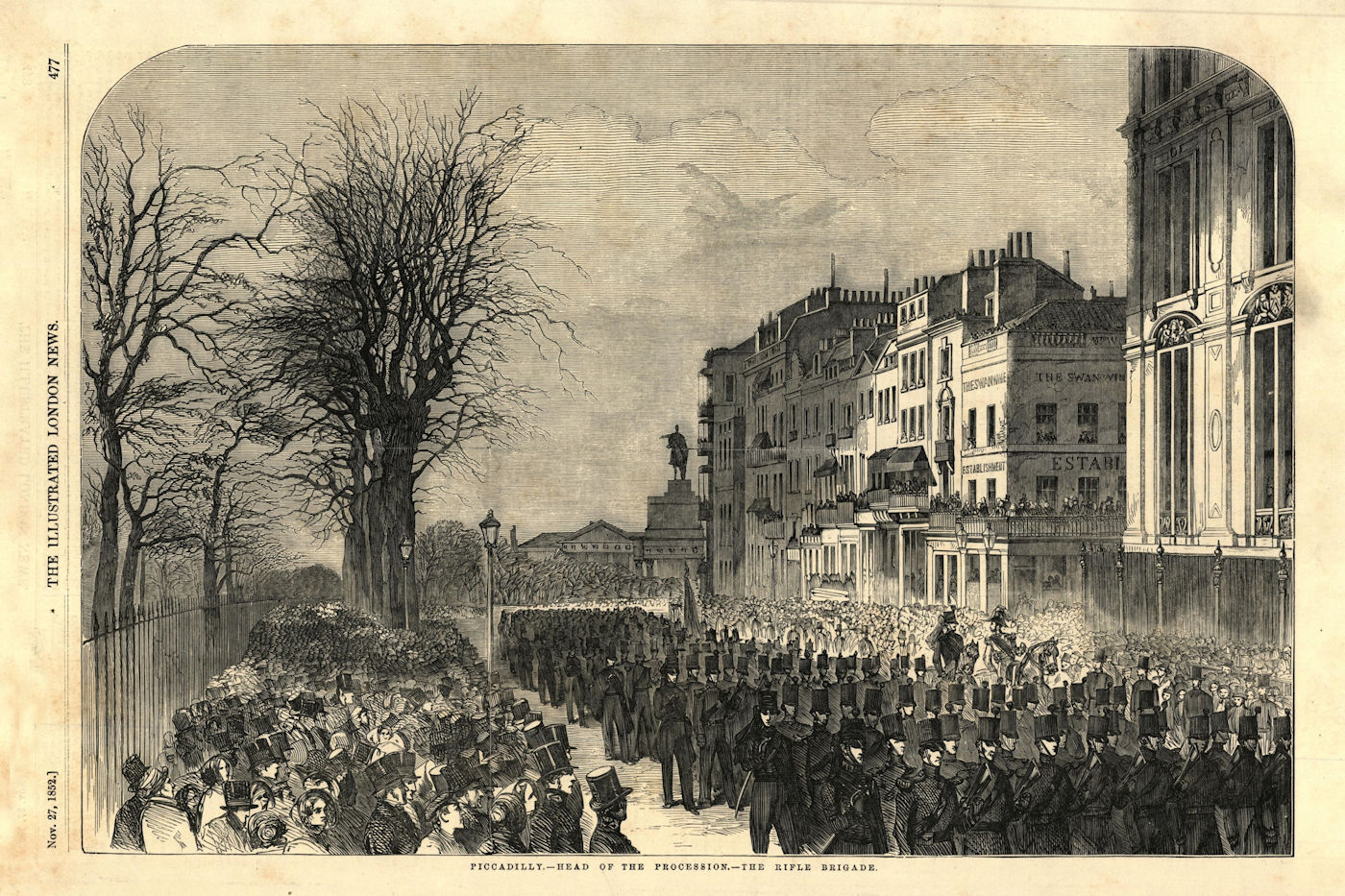 Piccadilly - head of the procession - the Rifle Brigade. London 1852 ILN print